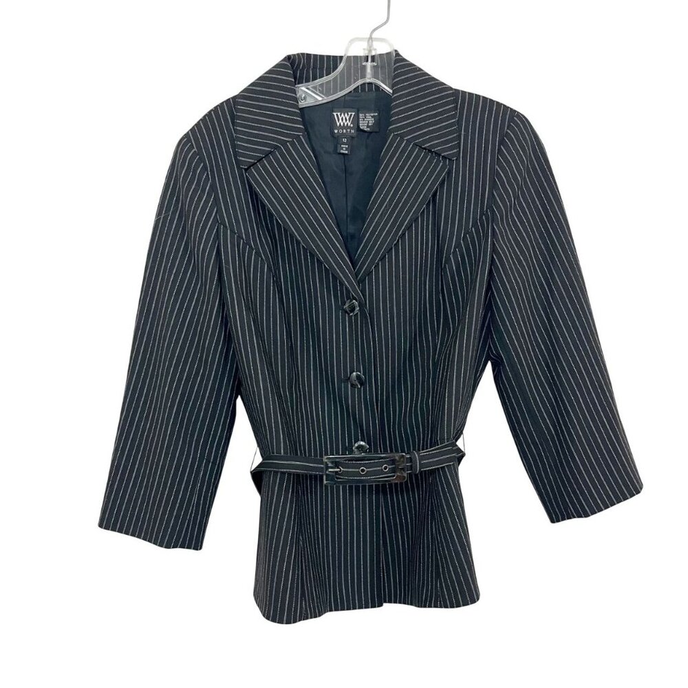 NEW Worth Black White Pin Striped Belted Blazer Jacket Y2K Business Career Sz 12